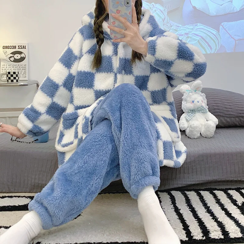 Yasuk Winter Women Girl Casual Warm Soft Hooded Sleepwear Pajamas With Pant Velvet Fleecel Cute Thick Pocket Plaid Simple