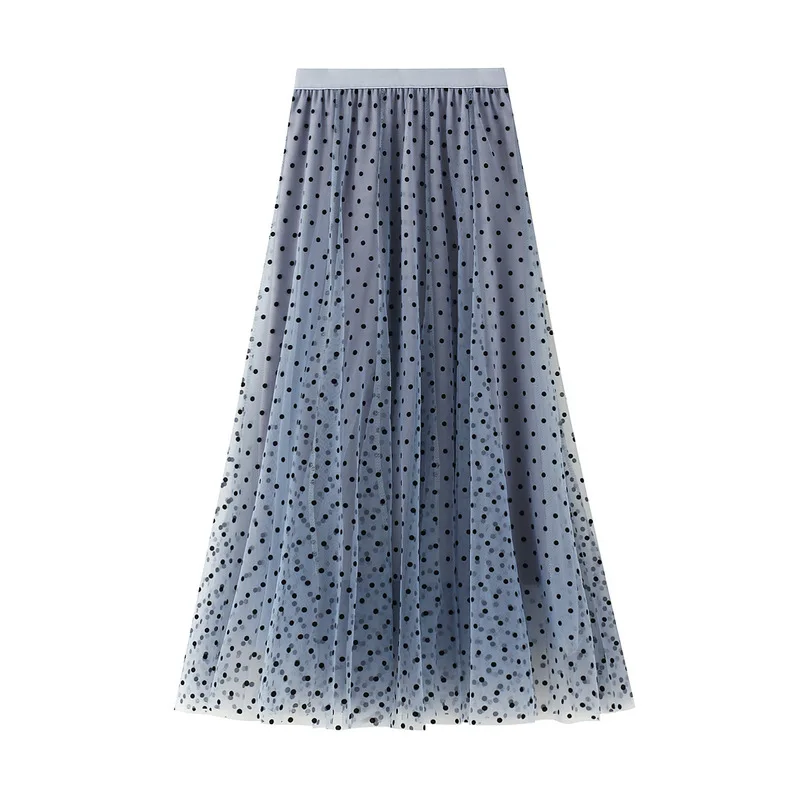 

New Vintage Black Polka Dots Flocked Tulle Long Skirt Winter Autumn Elastic High Waist A Line Soft Mesh Skirts Womens 2022
