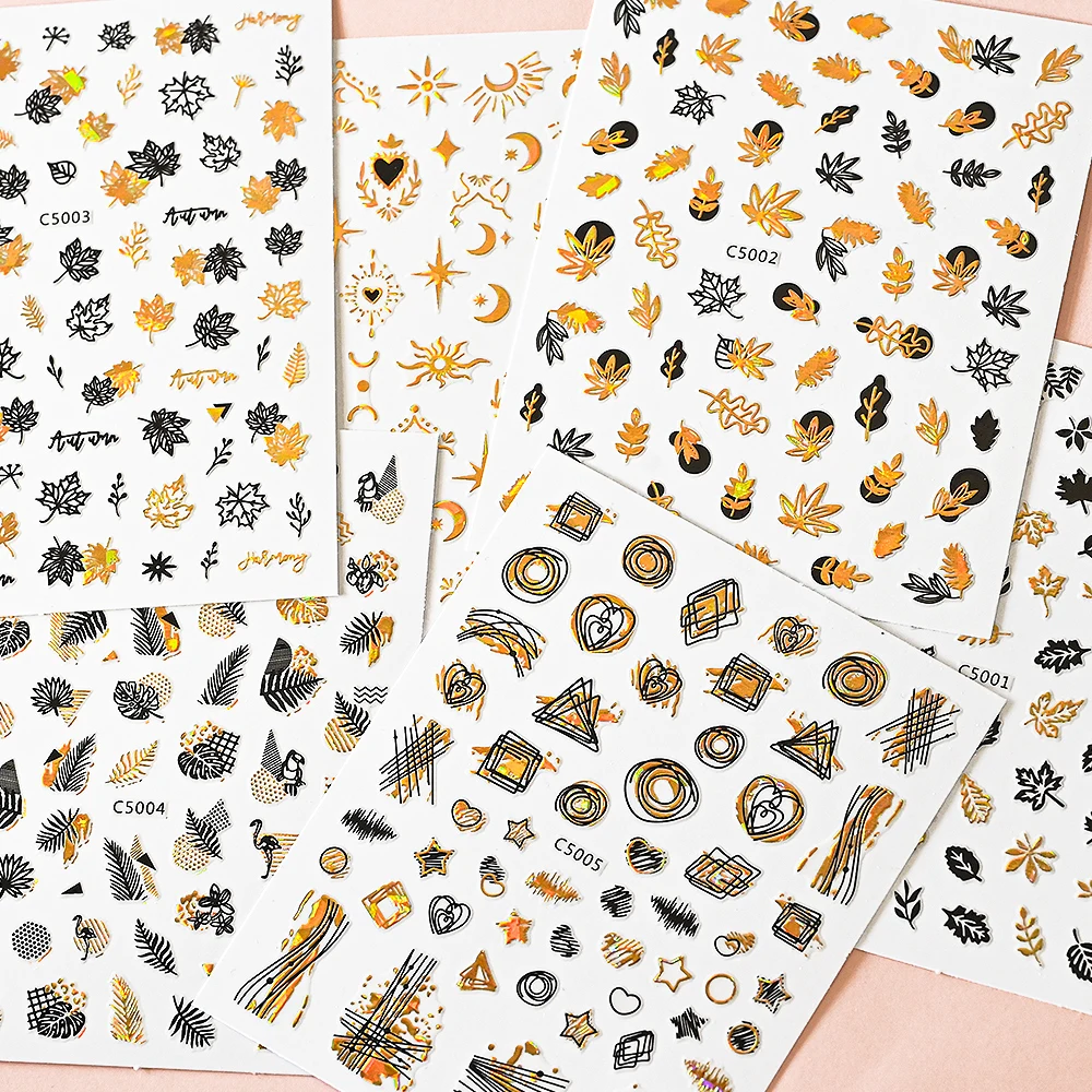 

3D Geometric Lines Nails Stickers Laser Gold Bronzing Leaves Tree Slider Design Abstract Fun Spring And Autumn Nail Foils Decor#