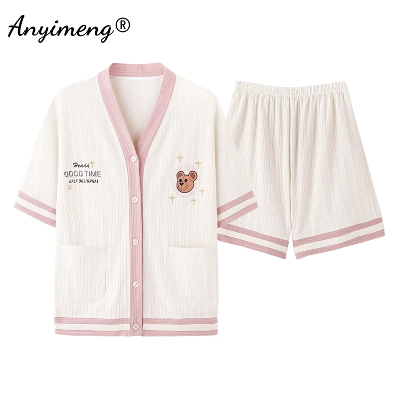 

Lady Cute Bear Pjs Shorts Japanese Kimono Style Cardigan Pajamas Set for Women Summer Cotton 2 Pieces Set Sleepwear Pijama Woman