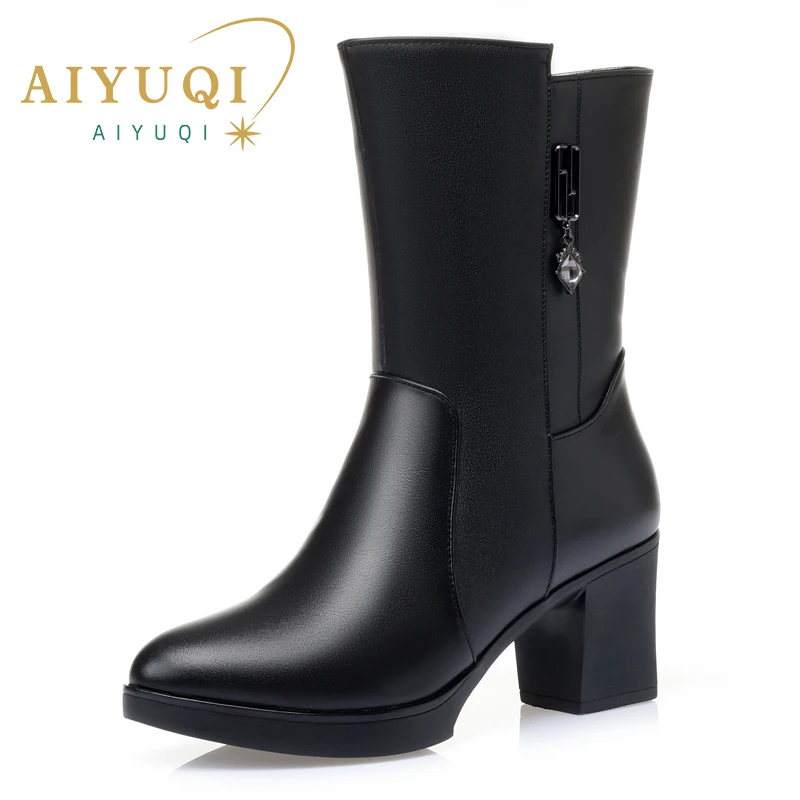 AIYUQI Women Half Boots Wool 2023 Winter New Mid-tube Ladies Motorcycle Boots Fashion Warm Women Snow Boots