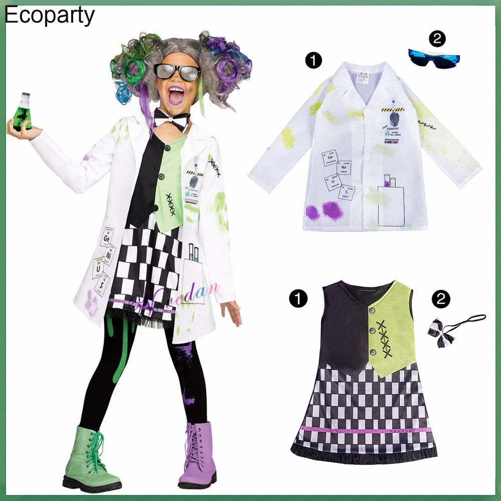 

2022 New Halloween Children Mad Scientist Cosplay Costume Girls Crazy Scientist Dress Coat Uniform Purim Carnival Party Outfits