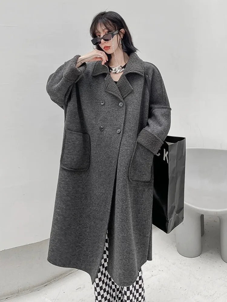 

SHENGPALAE Woolen Coat Women's 2022 Autumn and Winter Thickened Double breasted Suit Collar Long Lamb Wool Coat WZ18101