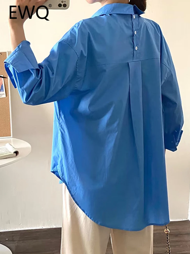 

EWQ Back Button Design Shirt For Women Lapel Single Breasted Long Sleeve Office Lady Style Blouses 2023 Summer New Tops 26D3448