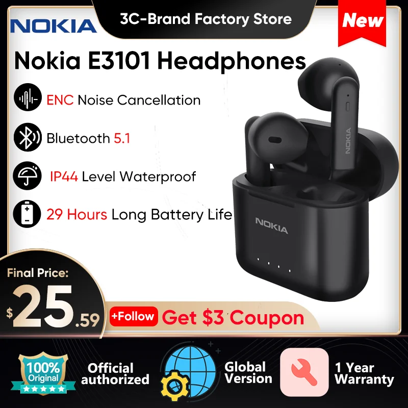 

TWS-наушники Nokia E3101 с поддержкой Bluetooth 5,1 и шумоподавлением