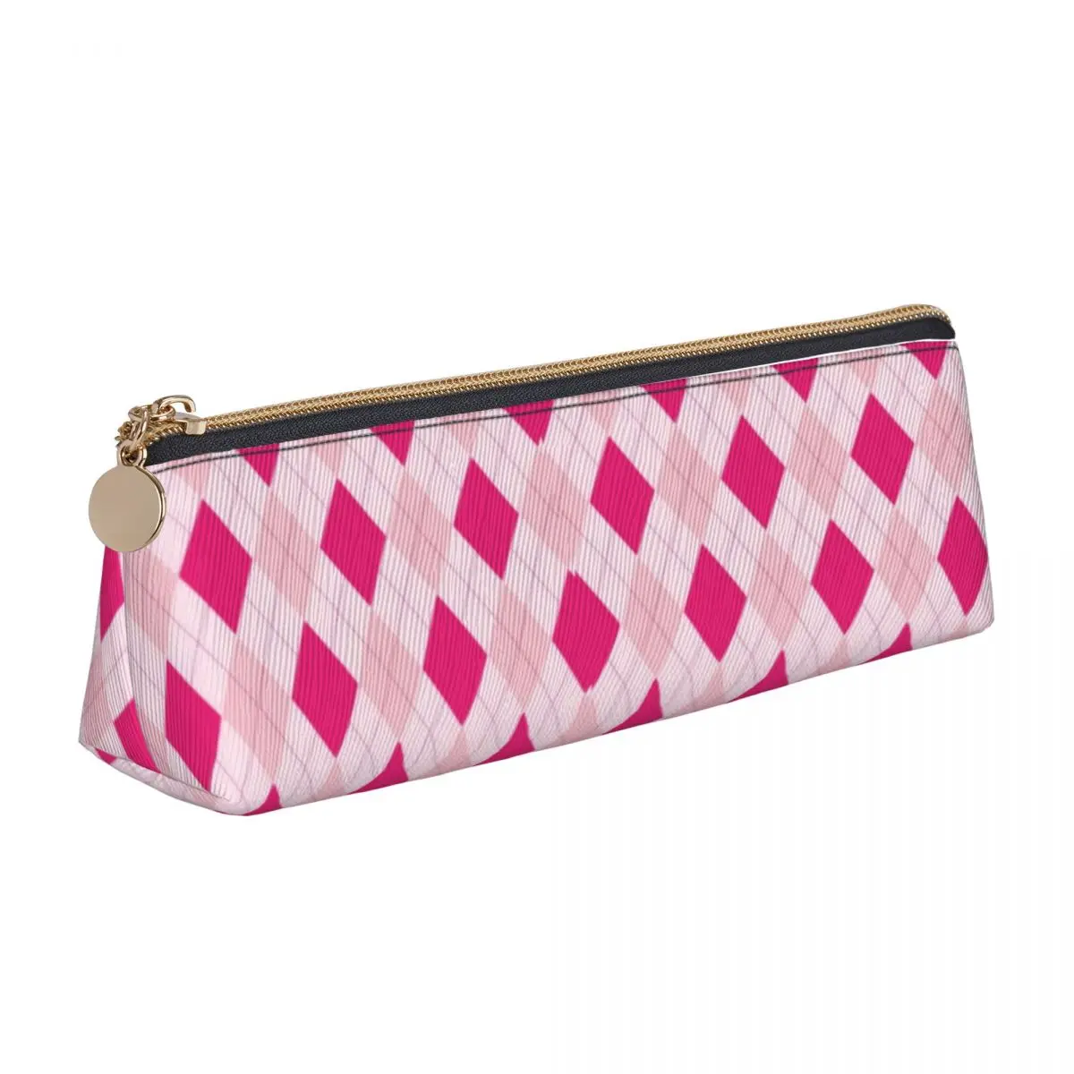 

Geometric Triangle Pencil Case Pink Argyle Print For Teens College Zipper Pencil Box Cool Leather Pen Organizer