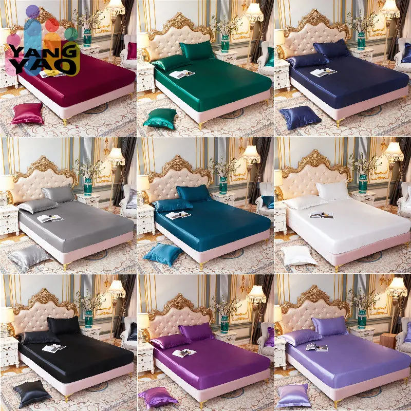 

3pcs Set Solid Color Smooth Silk Mattress Cover Twin Queen Size All-inclusive Bed Cover Soft Fitted Sheet Including Pillowcase