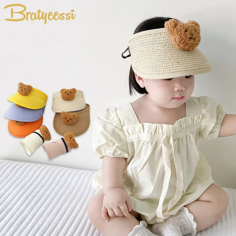 

Straw Bear Baby Sun Hat Folding Summer Baby Hat for Beach Travel Adjustable Kids Boys Girls Visor Cap Infant Accessories 6-24M