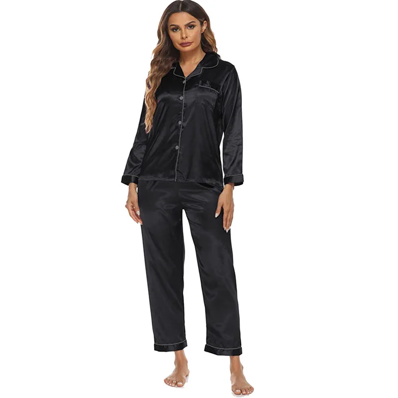 Women 2 Pieces Satin Silk Sleepwear Solid Color Long Sleeve Shirt and Pants Pajamas Set