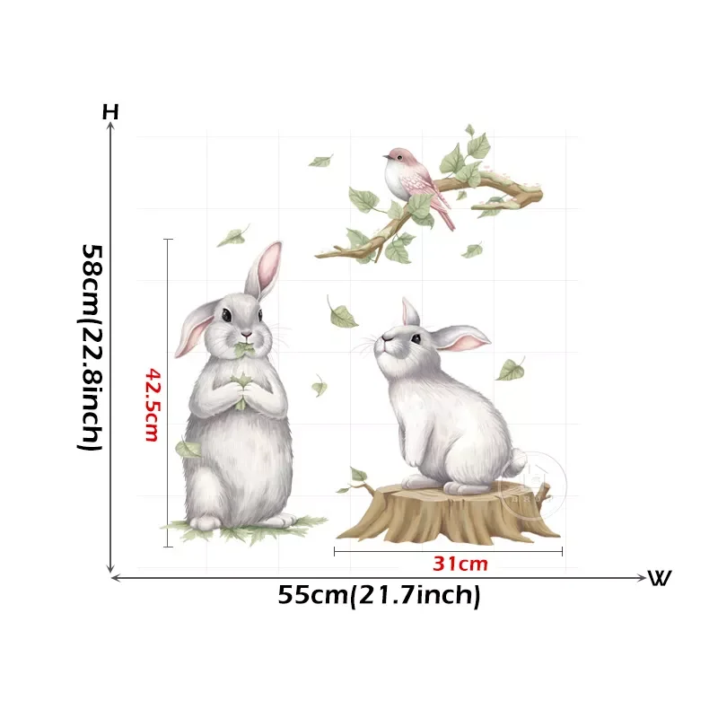 

New Two Cute Playing Bunny on the tree stump Wall Stickers with Birds Branches Baby Nursery Room Decals Decorative Stickers