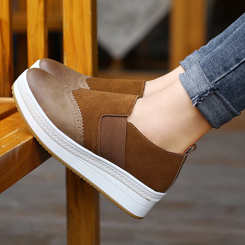 Flat Platform Loafers Woman Cow Suede Women's Heigh Incresing Brogue Shoes Flatform Slip On Oxord  Women Lady