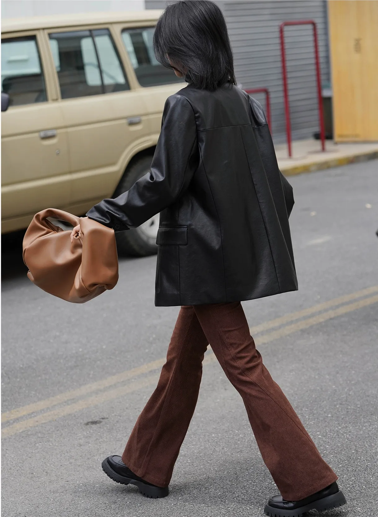 Black Suit, Leather Coat, Female Senior, Autumn  Winter, Medium  Long Style, Fashionable Motorcycle Coat, Female Cool Formal