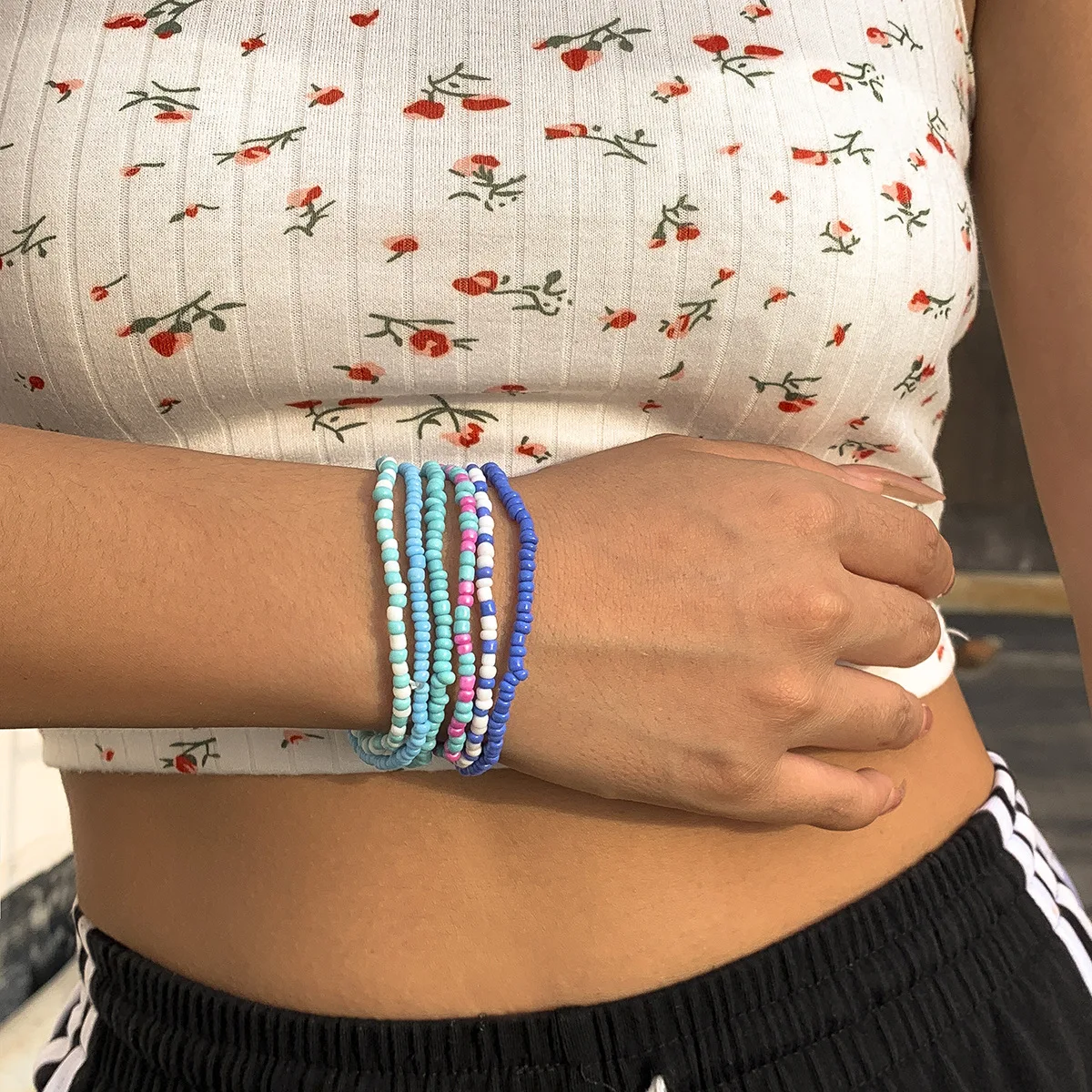 

Синий браслет с бусинами из риса, Набор браслетов ручной работы, эластичный простой браслет для женщин, подарки на день рождения, оптовая пр...