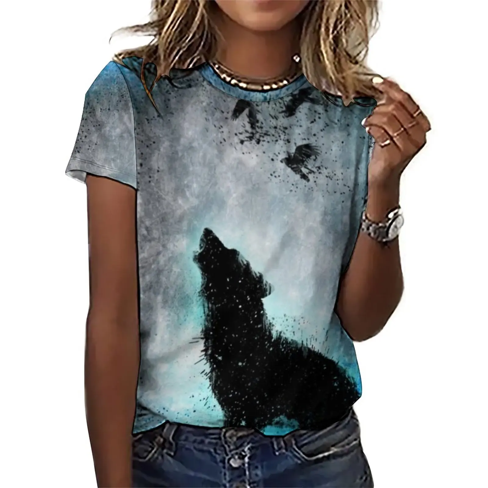

Funky Wolf T-Shirt Midnight Howl Aesthetic T-Shirts Short Sleeves Graphic Tshirt Ladies Classic Tees Large Size