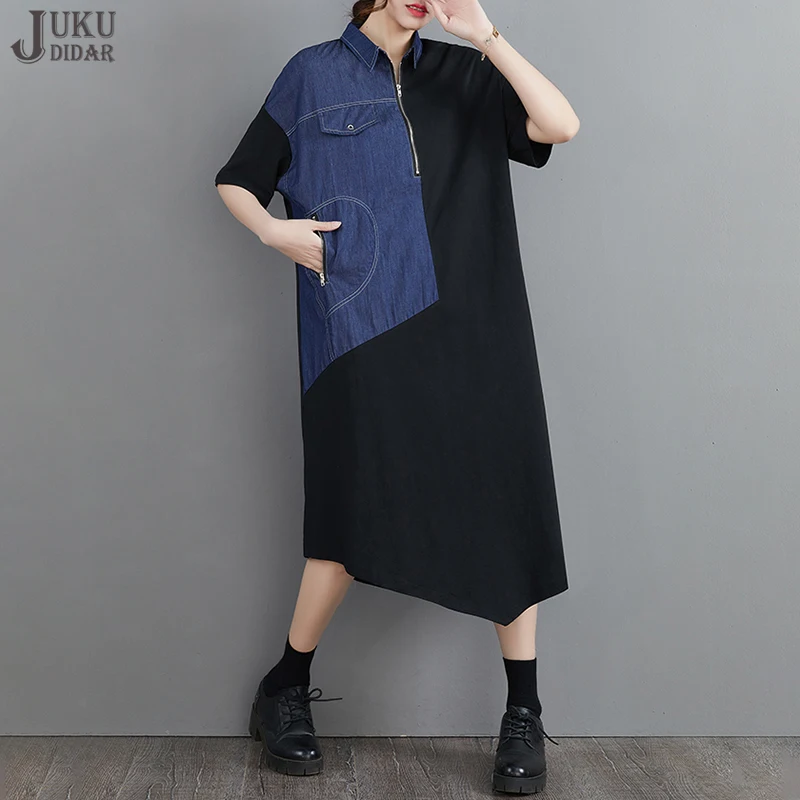 

Korean Style Woman Summer Loose Fit Big Size Denim Patchwork Asymmetrical Shirt Dress Casual Irregular Dress Robe Femme LLMD165
