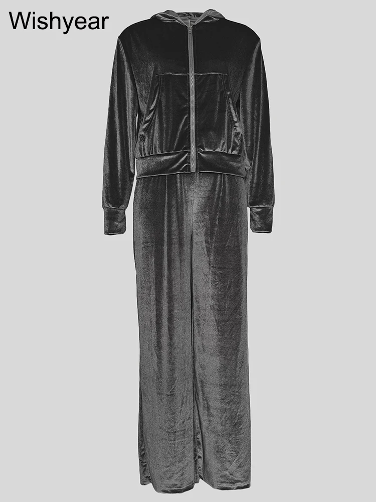 Бархатный спортивный костюм с капюшоном серый женский комплект из 2 предметов