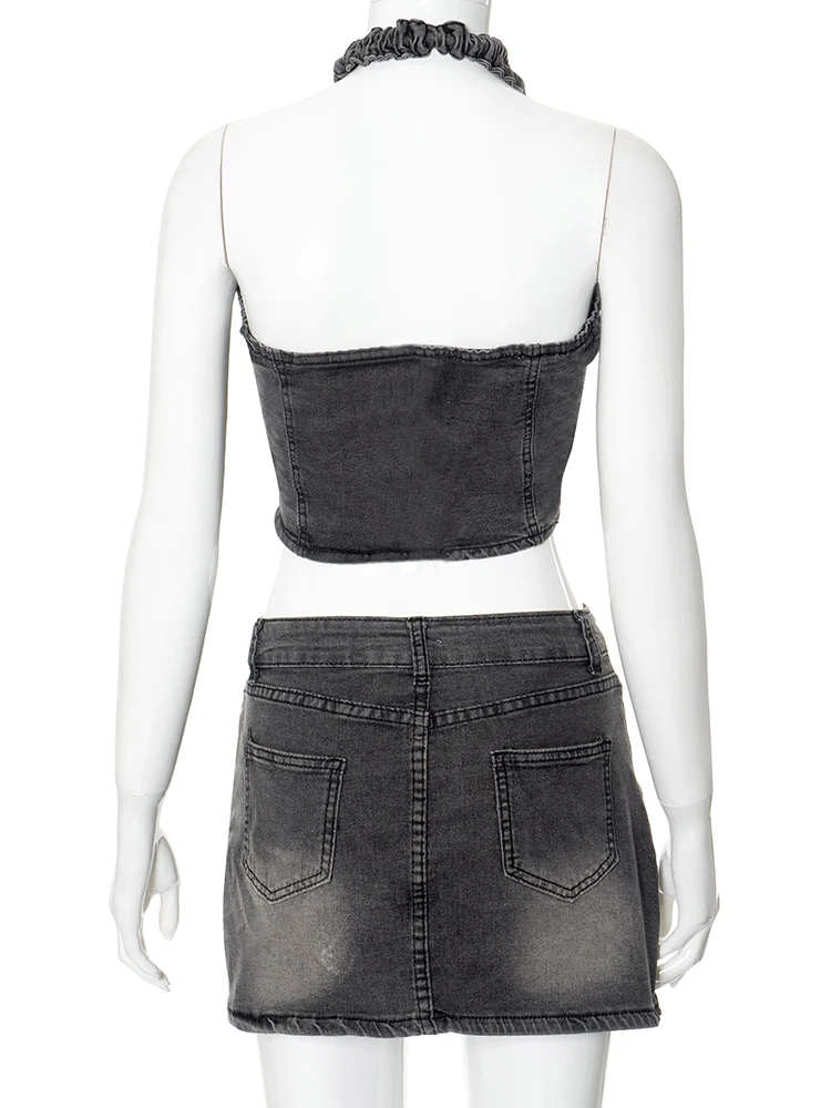 Женская джинсовая Майка без бретелек с открытой спиной и юбкой принтом