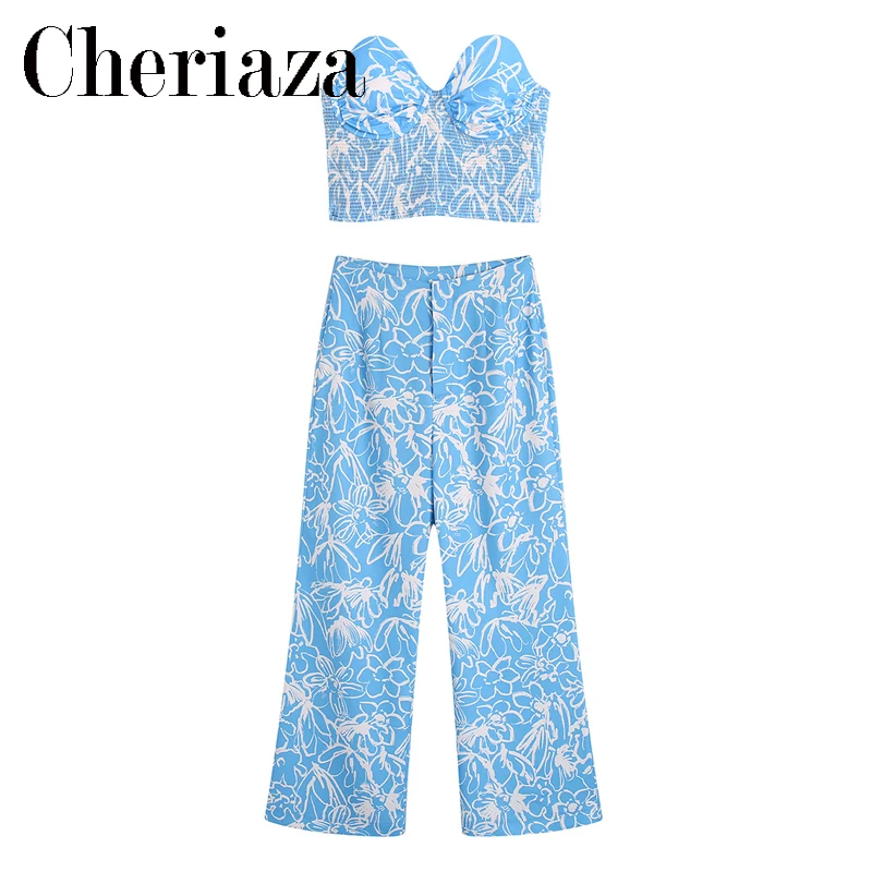 

Женская мода 2022, женское Бюстье без бретелек с принтом, сексуальный топ с высокой талией, прямые брюки, женские комплекты из двух предметов д...