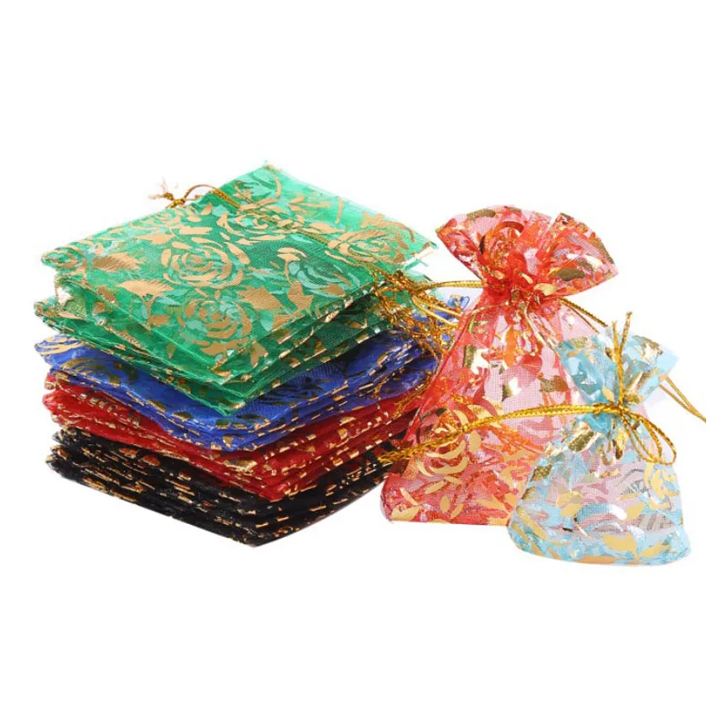 

50Pcs Rose Flower Tulle Fabric Wholesale Organza Jewelry Gauze Bag Packaging Wedding Drawstring Storage Box Gifts Candy Pouches