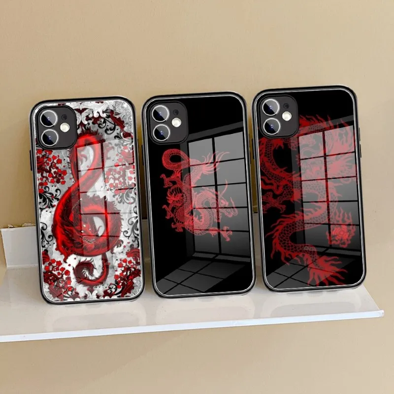 Aesthetic Design Red Dragon  Phone Case Glass for IPhone 13 11 12 14 Pro XR XS MAX 8 X 7 14 Plus SE 13 Pro Design Iphone Covers