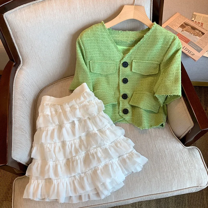 

Women 2-Piece Dress Sets Green Short Sleeve V-neck Tops Elastic Waist A-line Loose Tiered Skirt Fashion Casual Outfits Ins Hot