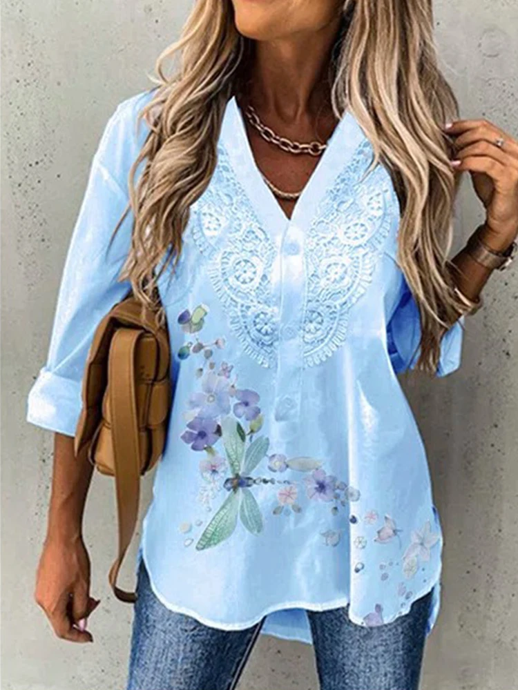 Женская блузка с длинным рукавом V-образным вырезом и принтом |