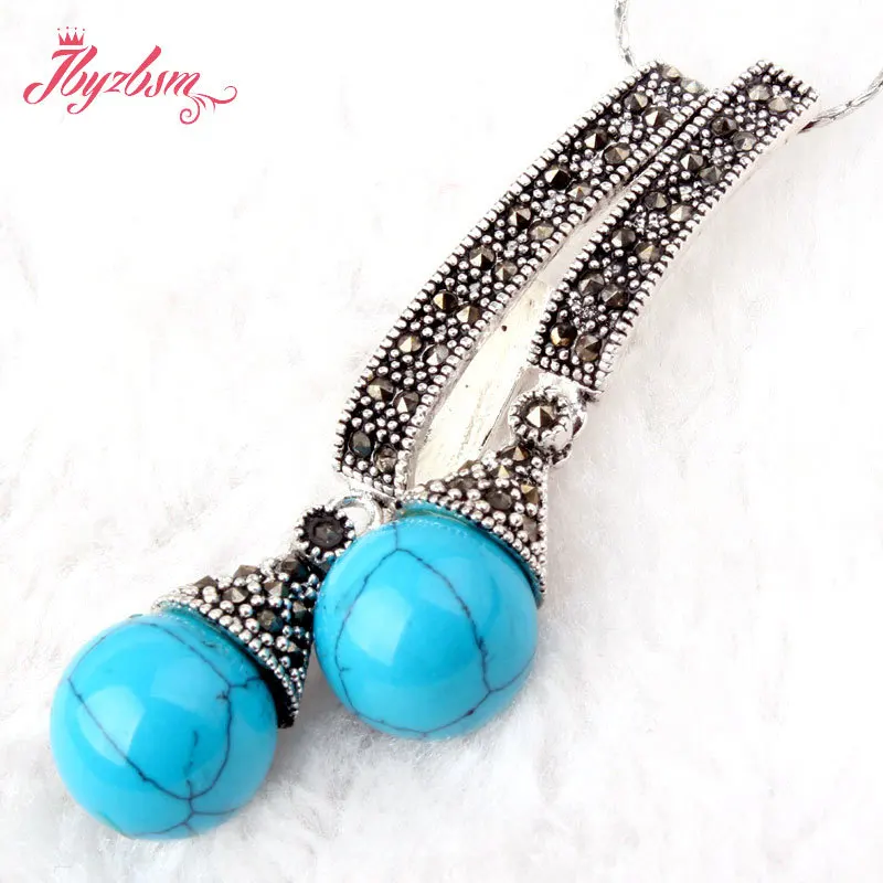 

12mm Round Green Red Blue Jades Cystal Stone Marcasite Tibetan Silvers Women Men Fashion Necklace Pendant Charms 1 Pcs,25x55mm