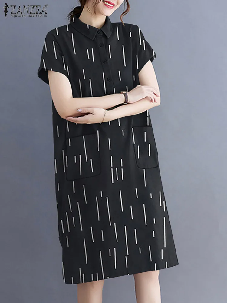 

ZANZEA Women Summer Floral Printed Dress Lapel Short Sleeve Pocket Cotton Sundress Bohemian Holiday Casual Vintage Loose Dresses