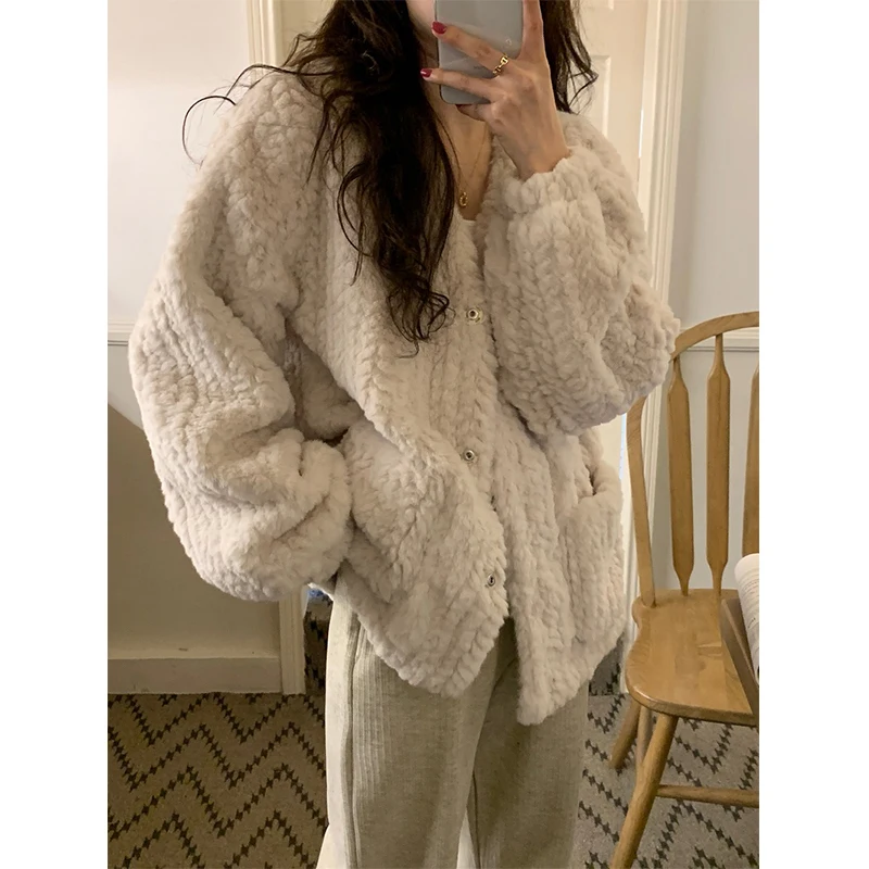 Trendy Women's Thick Warm Sherpa Jacket Loose Fashion Long Sleeve V-Neck Plush Coat Casual Versatile Solid Winter Outerwear New