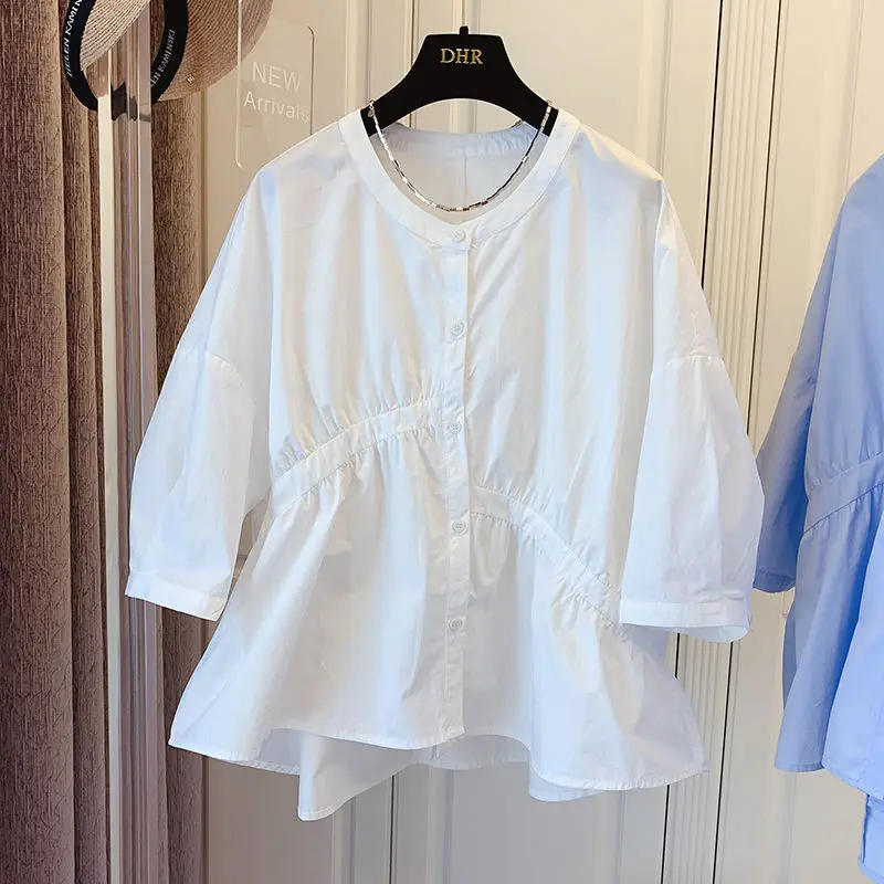 

Женский однобортный Кардиган, белая Асимметричная плиссированная футболка составного кроя с круглым вырезом, однотонный Свободный Топ в Корейском стиле на лето