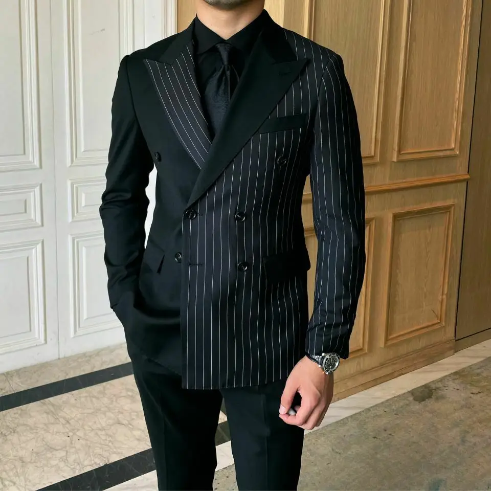 

Black Pinstripe Men Suit Tailor-Made 2 Pieces Blazer Pants Double Breasted Fit Slim Formal Business Causal Party Host Tailored
