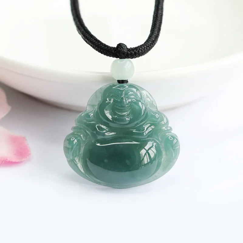 

Jiale/Hand Carved/Natural Jade Blue Water Maitreya Buddha Emerald Necklace Pendant Fine Jewelry Accessories Men And Women Amulet