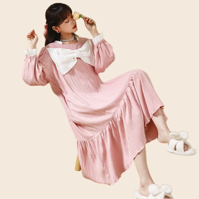 Women's Cute NightDress Women White Elastic Bow Princess Long Palace Autumn Nightdress Women's Cotton Full Sleeve Nightwear