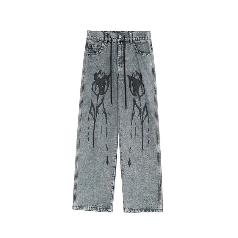 

High Street Painted Pockets Retro Drawstring Casual Mens Denim Pants Straight Patchwork Oversized Loose Jeans Trousers