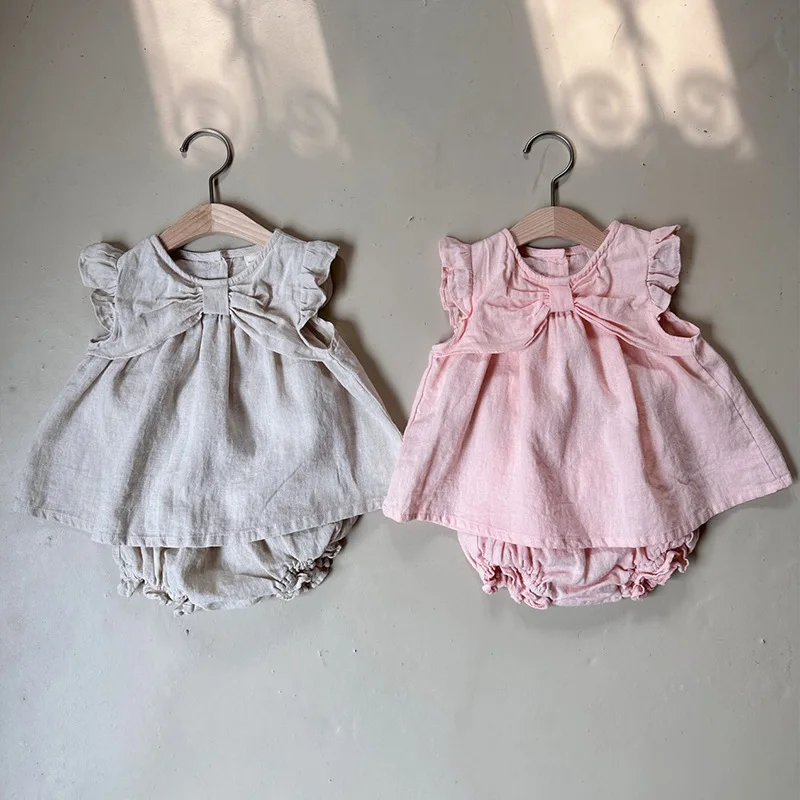 

2023 Summer Girl Baby Cute Boy Solid Sleeveless Dress Suit Children Simple Ruffle Tops+Shorts 2pcs Kid Cotton Casual Dresses Set