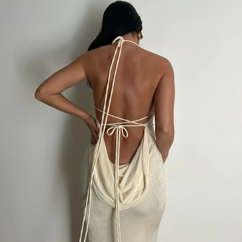 

BoozRey Sexy Swing Collar Backless Sleeveless Maxi Prom Dress 2022 Summer Drawstrings Hollow Out Slit Women Solid Party Y2K Robe