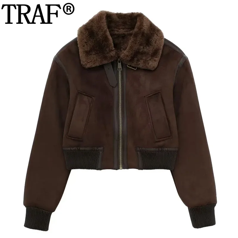 

TRAF Brown Cropped Jacket For Women Fleece Faux Fur Coat Woman Winter 2023 Y2K Zip Up Plush Jacket Long Sleeve Short Coats
