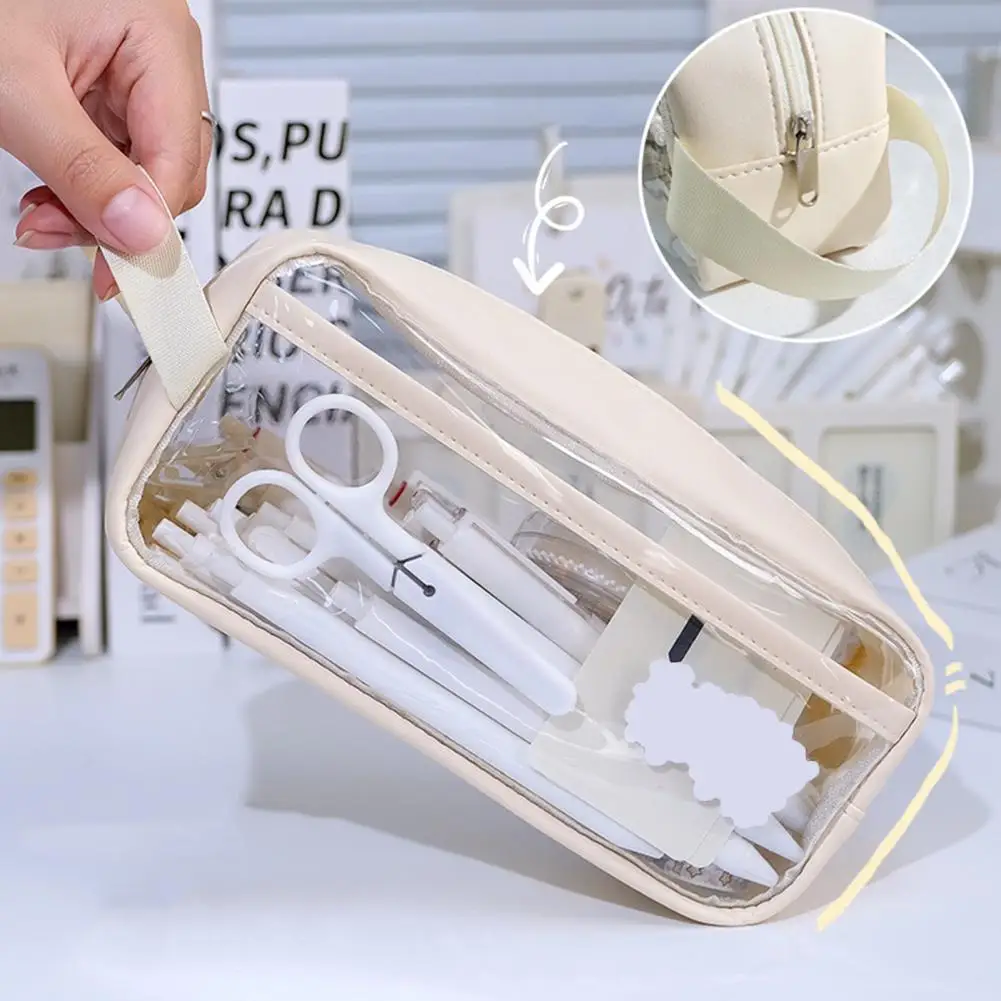 

Pencil Case Large Capacity Transparent Visible Waterproof with Handle Ins Middle And High School Student Stationery Box