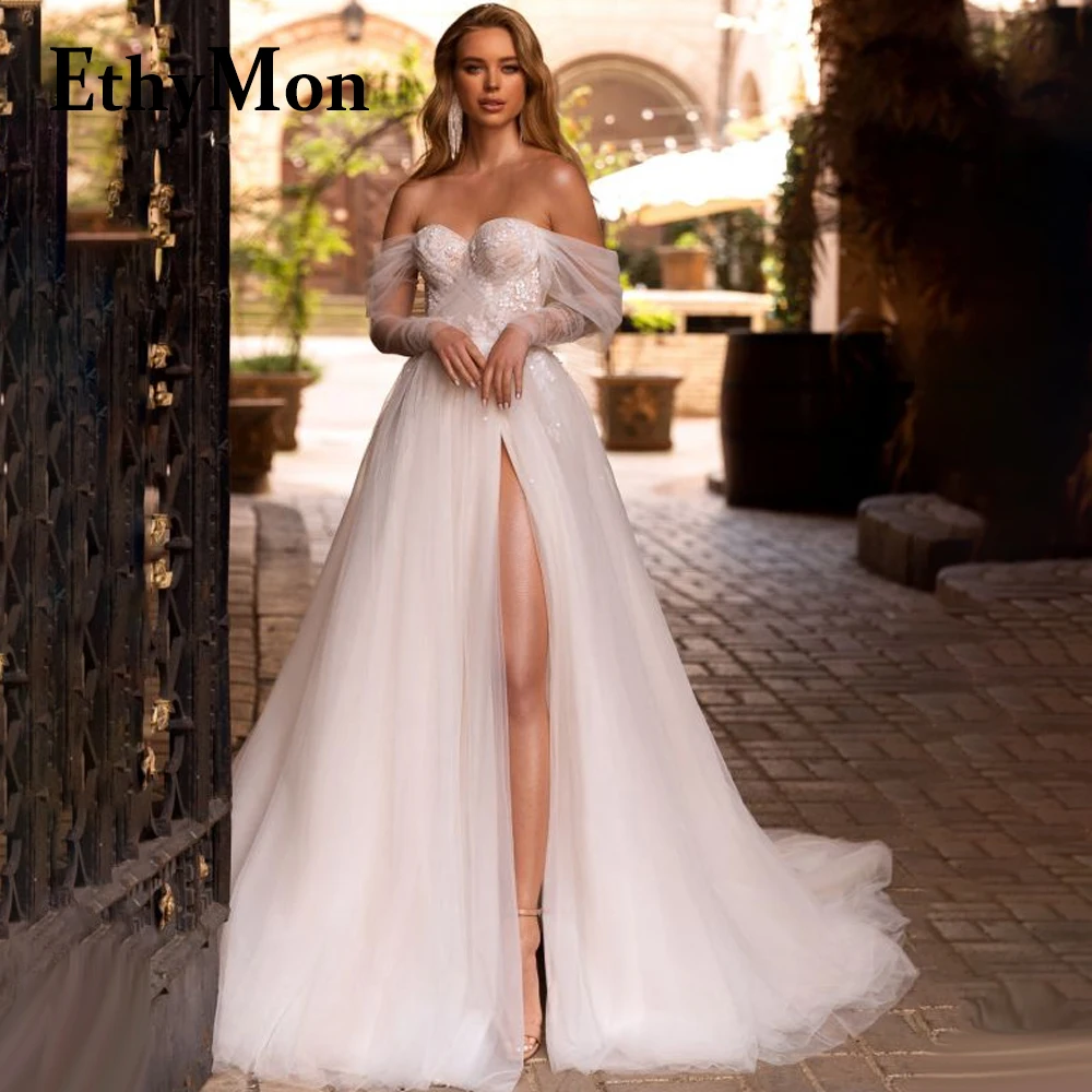 

Ethymon Glitter Boat Neck Court Train Wedding Dresses For 2023 Bride Slit A-LINE Appliques Made To Order Vestido De Casamento