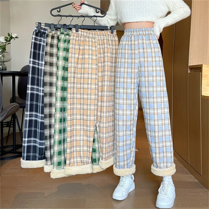 

Fashion Warm Plush Pants Thick Plaid Women Winter Casual Loose Wide Leg Trousers Korean Streetwear Straight Student New