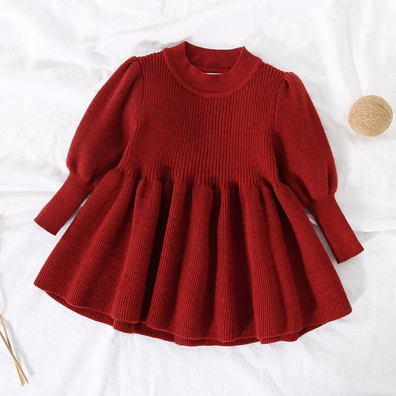 

New Girl Baby Sweater Knitted Dress Children Warm Sweater Eid Dress for Girls Infant Casual Pure Color Pleated Princess Dress