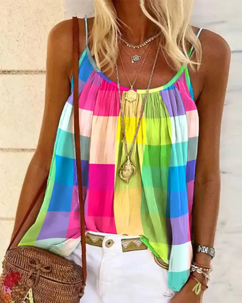 

One Piece Summer Woman T-shirt Colorblock Spaghetti Strap Plaid Print Flowy Vacation Daily Cami Top