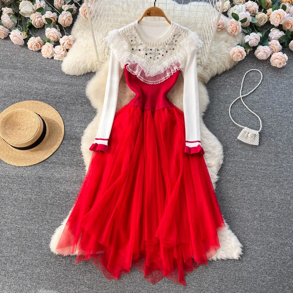 

Новинка осеннее французское роскошное Сетчатое платье с оборками и высокой талией