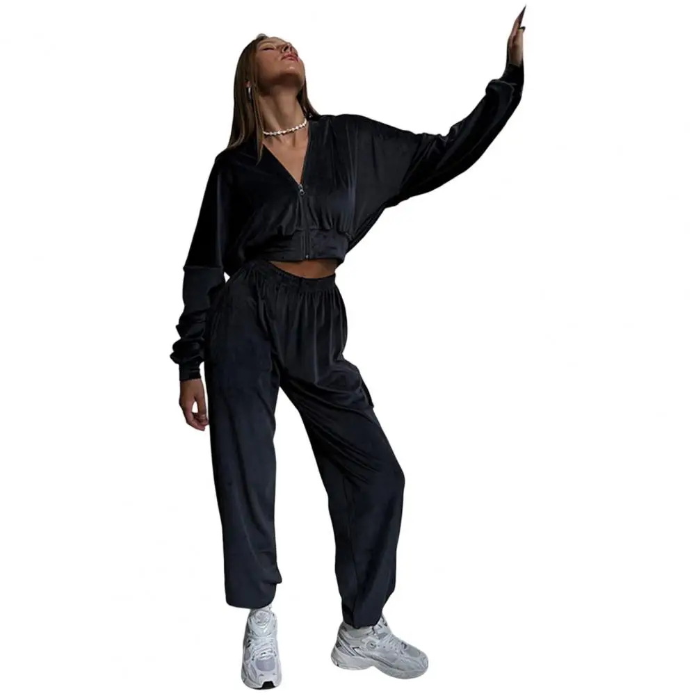 

2 Pcs/Set Women Coat Pants Set Long Sleeves Autumn Tracksuit Elastic Waist Women Tracksuit