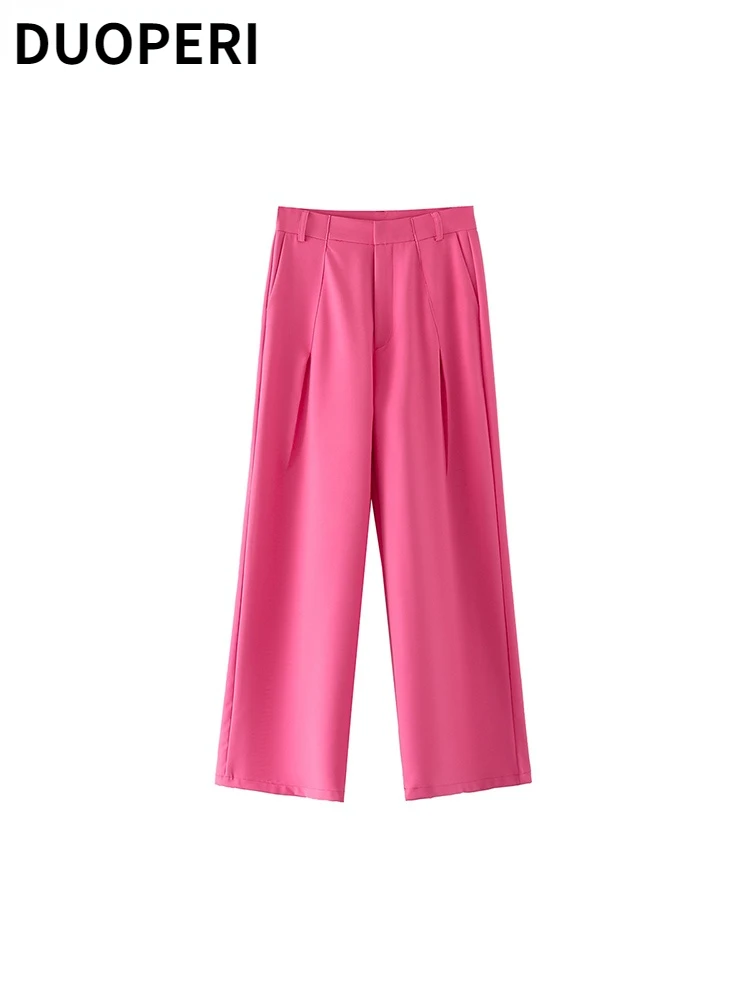 

DUOPERI Women Fashion Solid Rose Red Front Zipper Trousers Mid Waist Full Length Female Chic Lady Vintage Pants