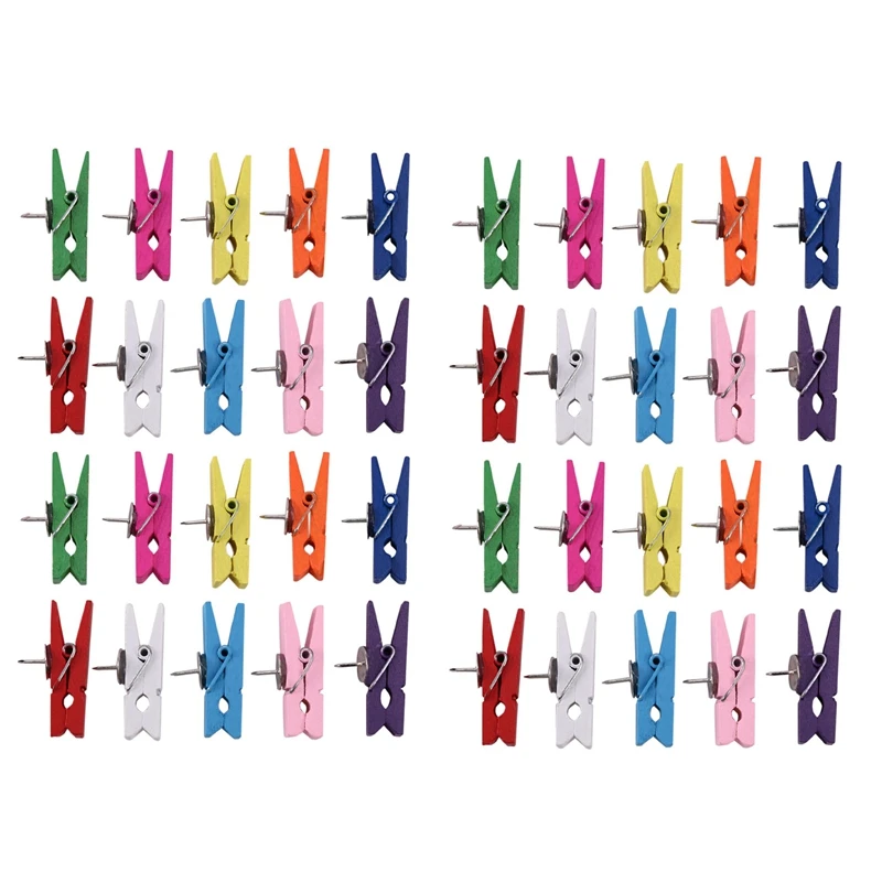 

Push Pins With Wooden Clips Pushpins Tacks Thumbtacks, Creative Paper Clips With Pins Multicolor 40Pcs