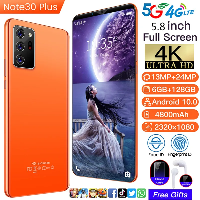 Новинка 2022 5 5-дюймовый смартфон Note30 Plus 5G 8 мАч полноэкранный Android 4 + 32 ГБ 13 24 МП