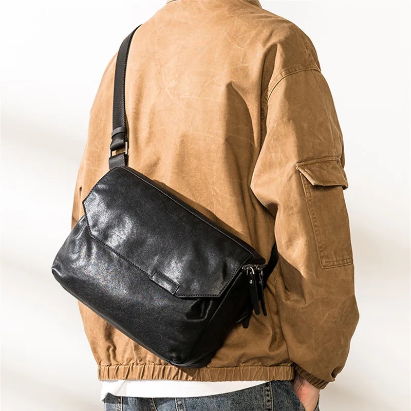 Fashion casual luxury genuine leather men's black messenger bag outdoor work commuting natural real cowhide tablets shoulder bag