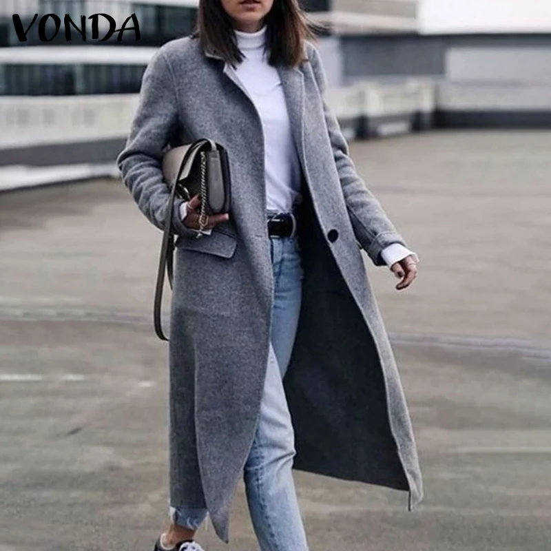 

Autumn Long Blazer 2022 VONDA Women Solid Long Sleeve Blazer Femme Buttons Office Overcoats Oversize Stylish Beach Outerwears