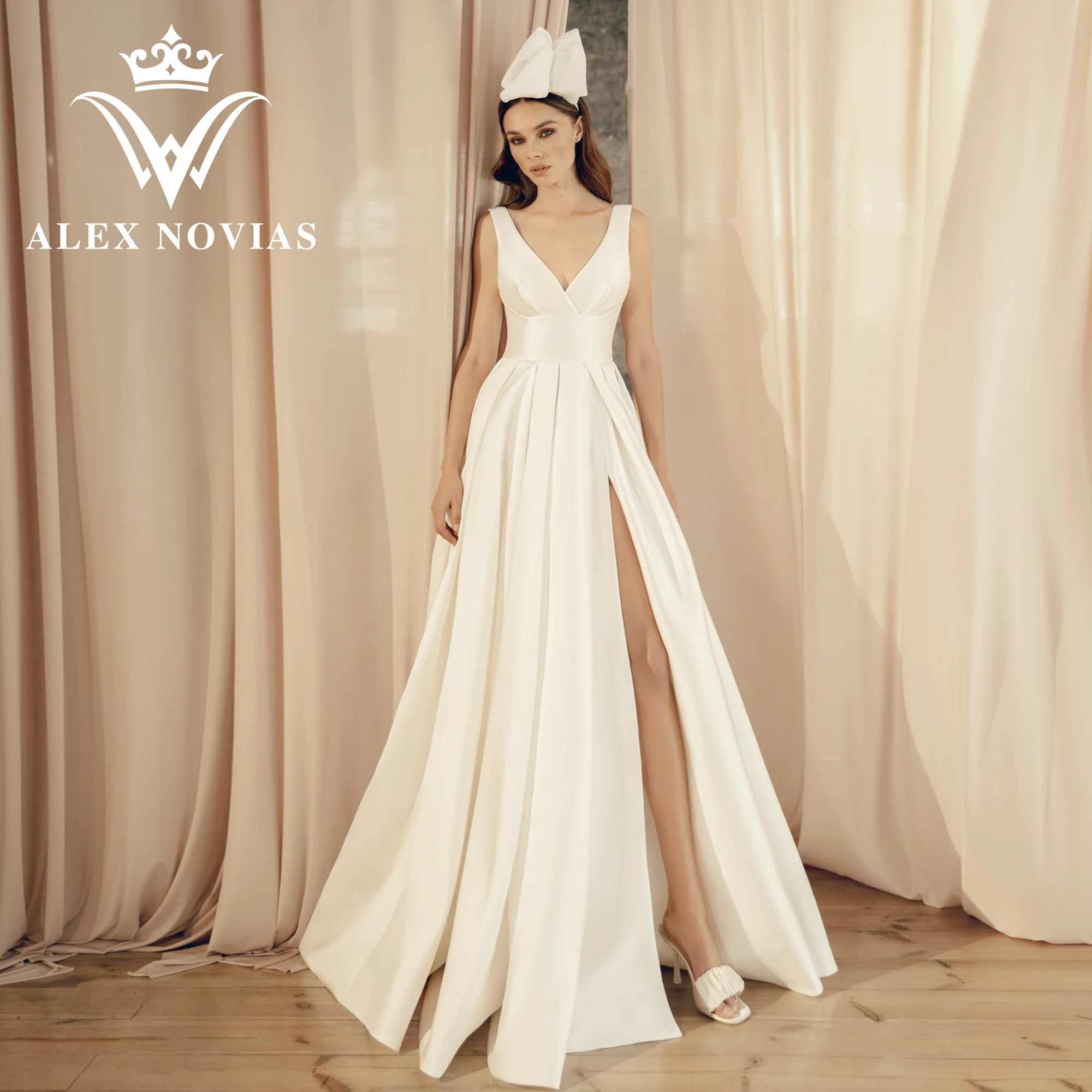 

ALEX NOVIAS A-Line Wedding Dress High Quality 2023 Sexy Thigh Split Backless Satin Wedding Gown Simple Vestidos Novias De Saten